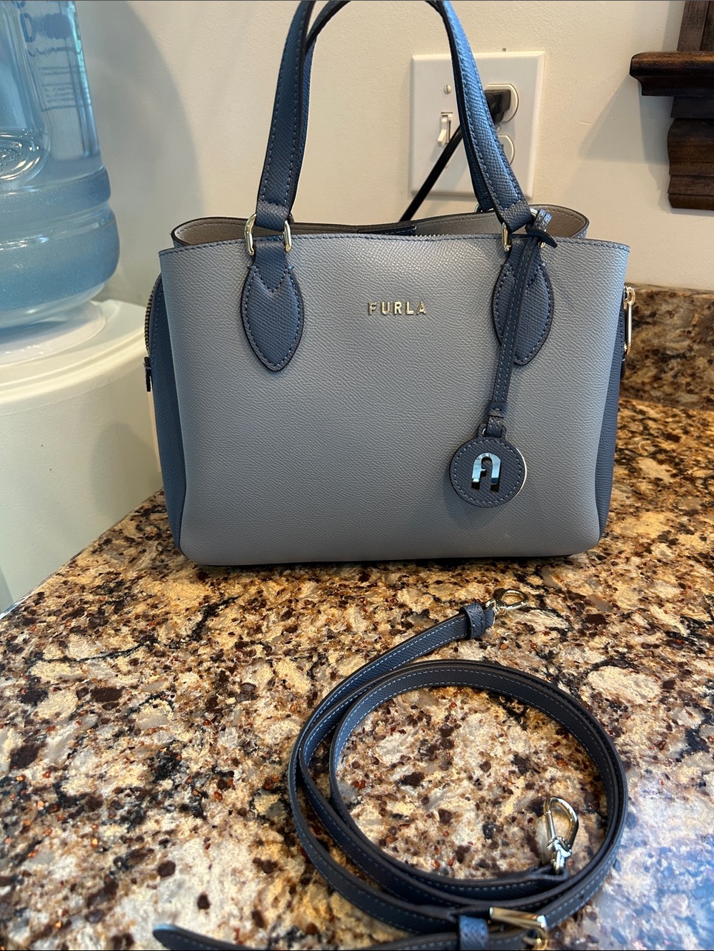 Furla Dusty Blue Leather Satchel with Removable Strap